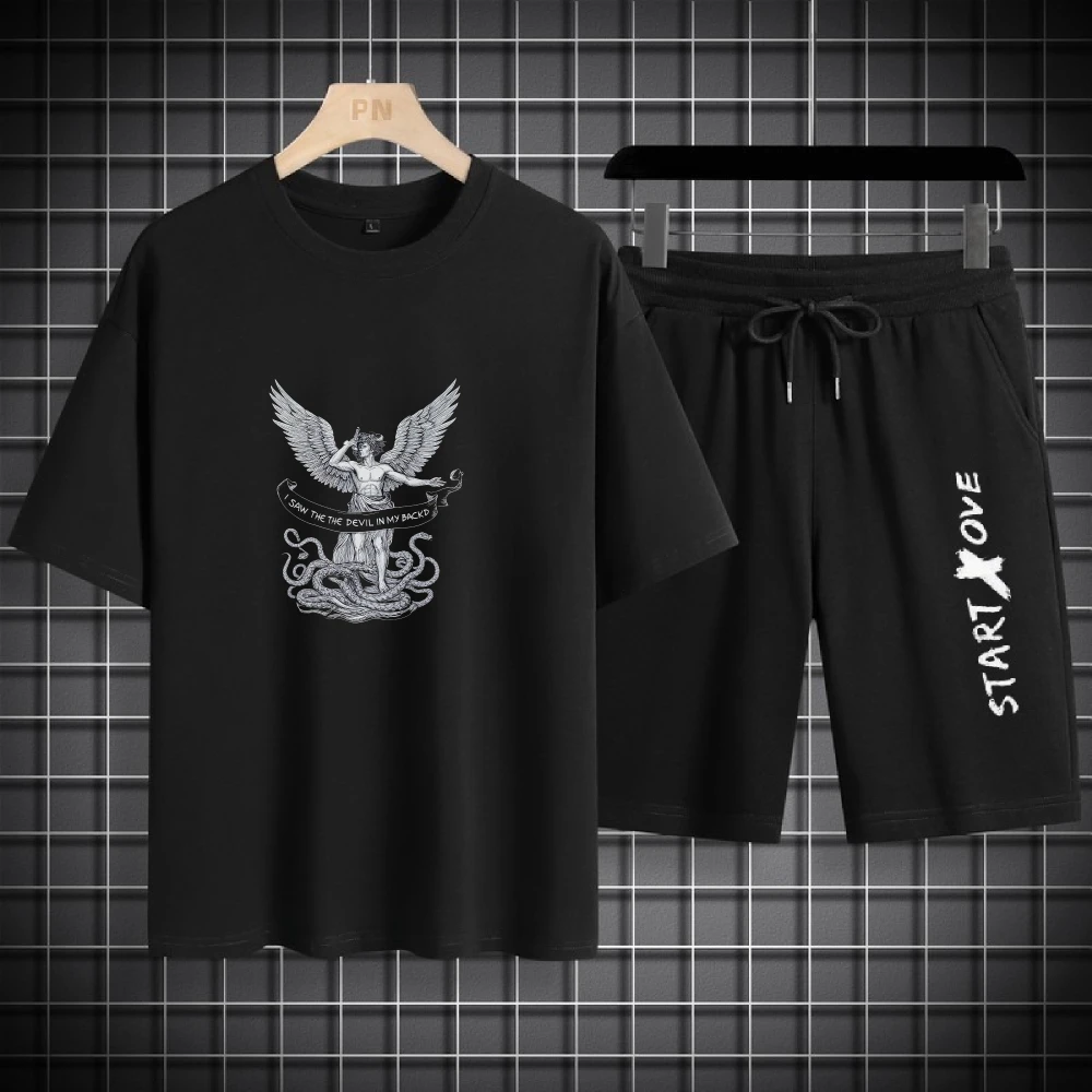 

2025 summer men's set Fashion Sports T shirts+shorts sets Men Sport Two Piece Set Casual Wear Comfortable Angel print men suits
