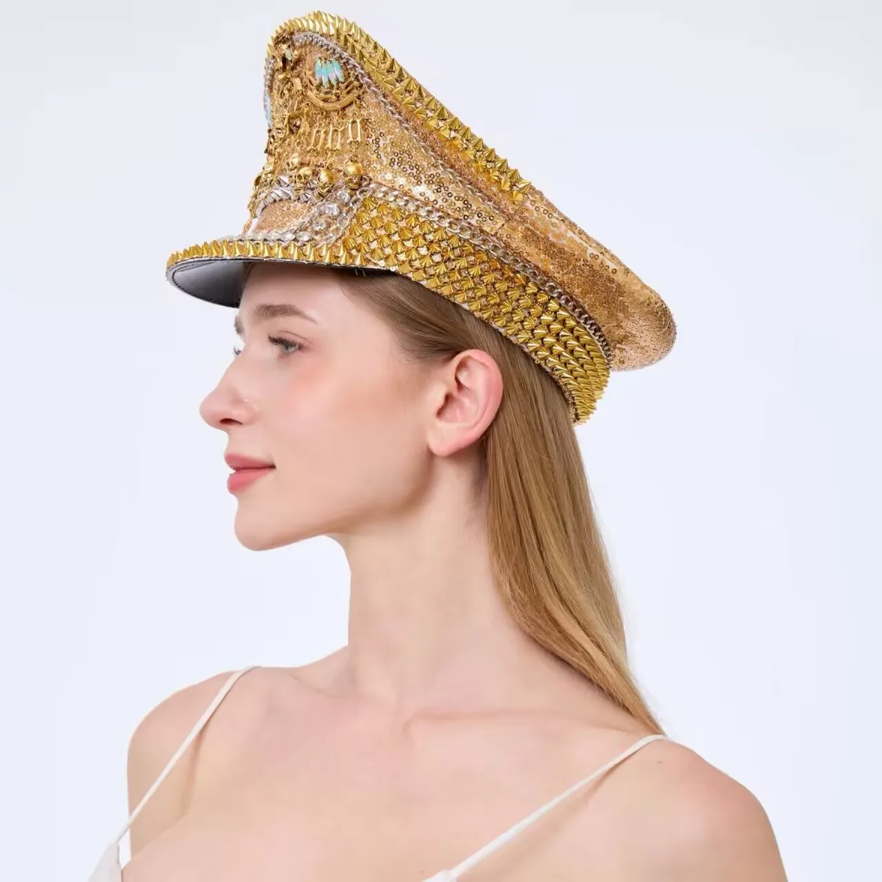 Cappello per costume da festival musicale HongLuan, cappelli da capitano con strass per donna di carnevale, accessori femminili cosplay