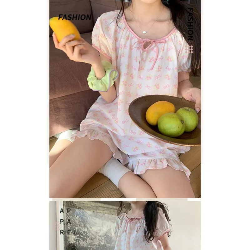 Women Homewear Two-Piece Set Printed Flowers Pink Cherry Tops Shorts Ladies Pajamas Loungewear Cute Sleepwear Fancy Underwear