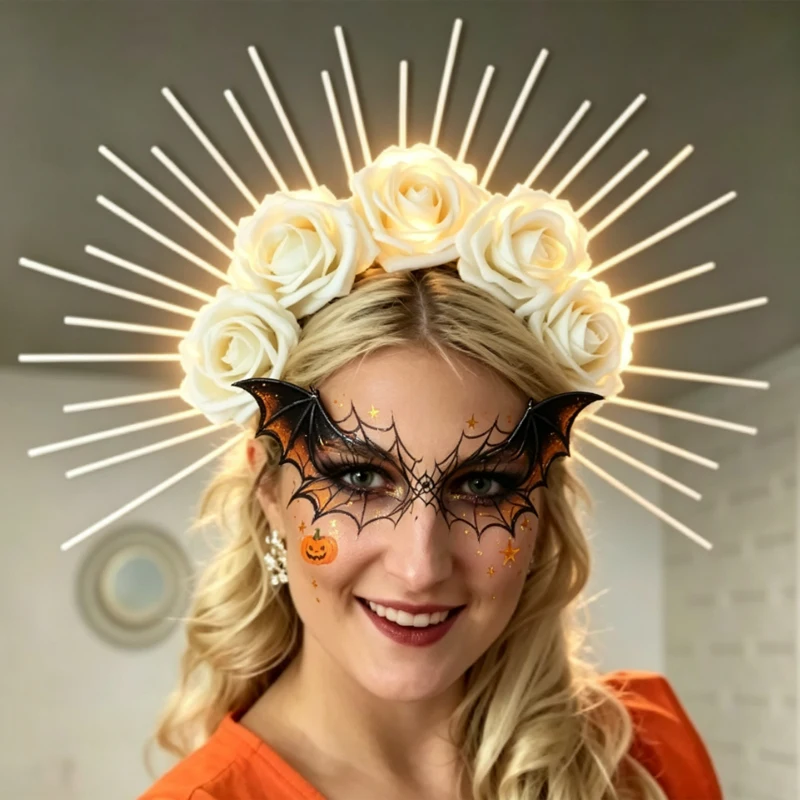 LED Warm Light Rose Halo Headband, Glowing Sunburst Floral Crown with 5 Blooms, Battery Powered Headpiece for Photoshoot Stage