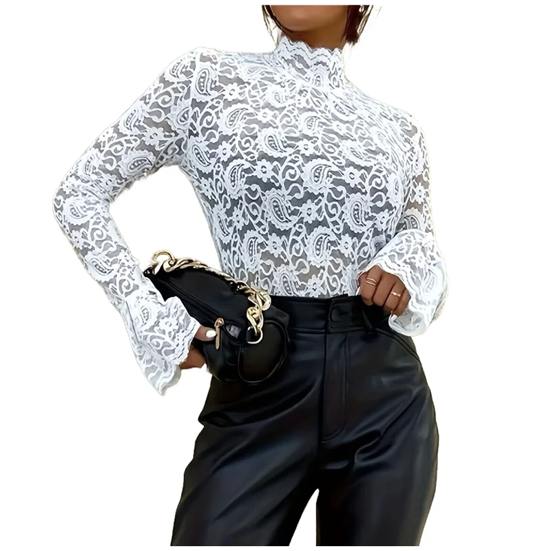 NEW-Womens Lace Tops Sheer Long Sleeve Tops For Women Casual Dressy Blouse Shirt