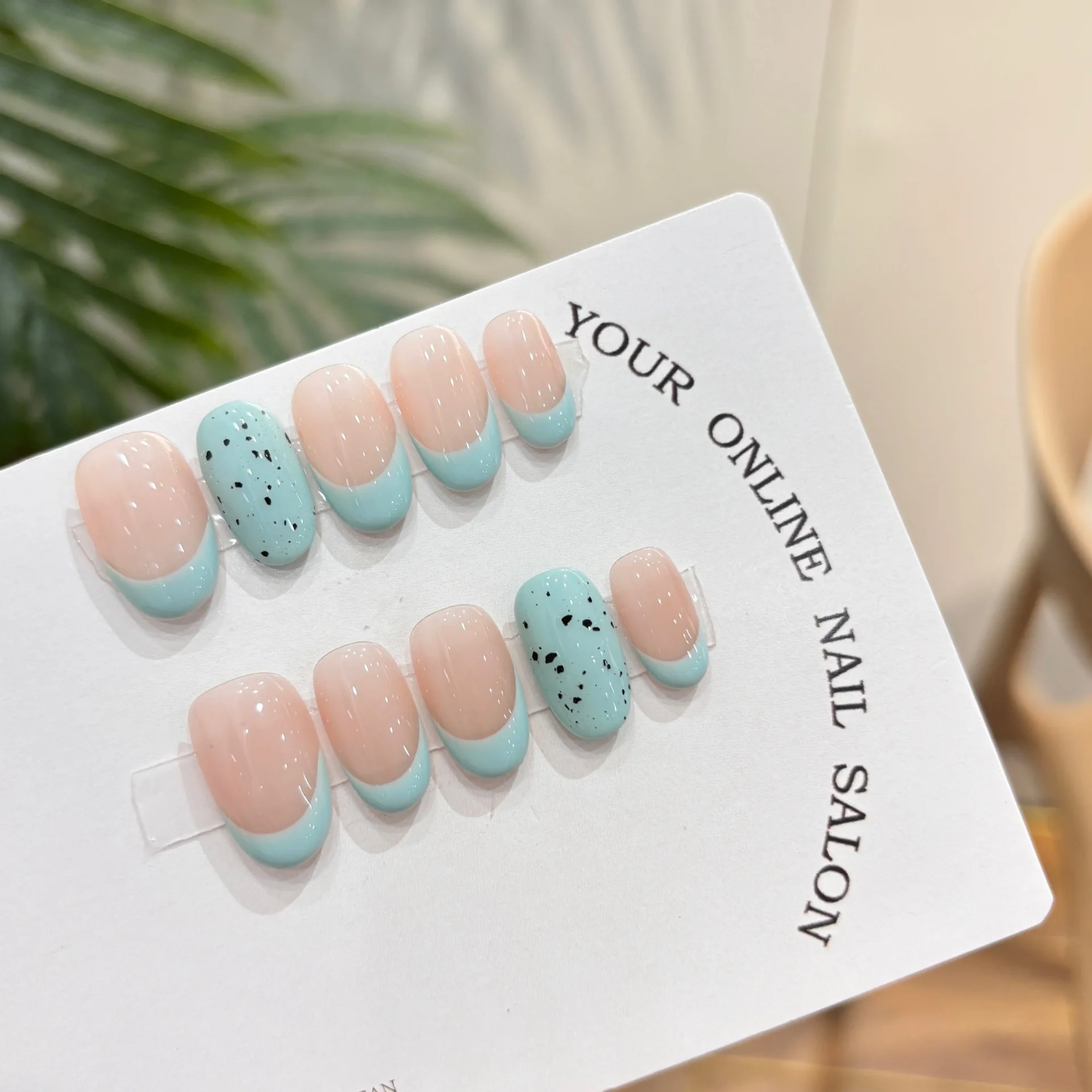 Handmade Refreshing Mint French Short Oval Press On Nails Eggshell Design False Nails Wearable Manicure For Women And Girls