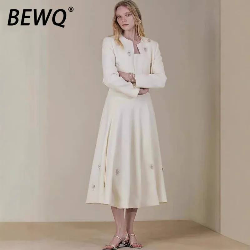 

BEWQ Fashion Women's 2 Pcs Set Beading Long Sleeve Short Coat High Waist Slip Dress Elegant Suit Evening Party 2025 Autumn New