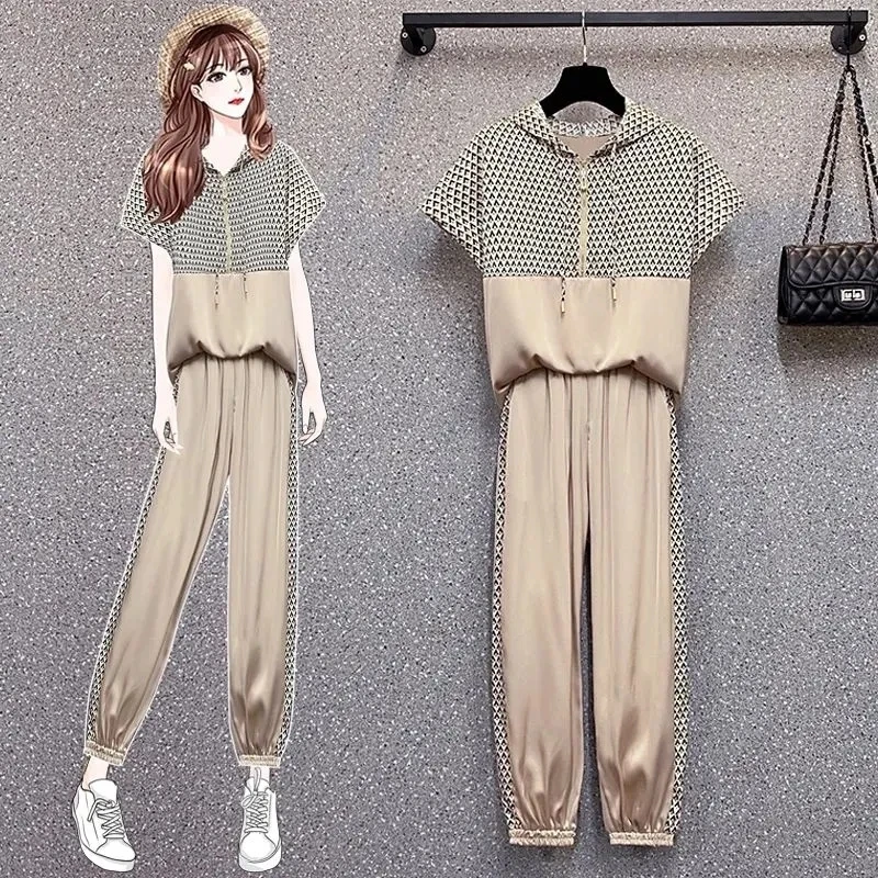 

2024 Summer Casual Sports Suit Womens Korean Large Size Loose All-match Fashion Temperament Short-sleeve Trousers Two-piece Set