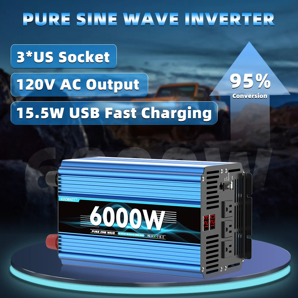 6000W Peak 3000W Pure Sine Wave Power Inverter 12V 24V DC to 110V/120V 3 AC Output Sockets, Car Converter for Vehicles with LED Screen Display, USB Charging Port, High Performance and Portable,Car Plug Adapter for Truck, Home, Camping, Laptop, Trip