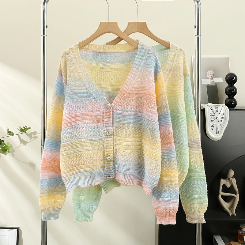 

Женский Радужный кардиган EVNISI, свитер с V-образным вырезом, повседневный вязаный свитер на пуговицах, пальто, универсальный кардиган для женщин, Осень-зима