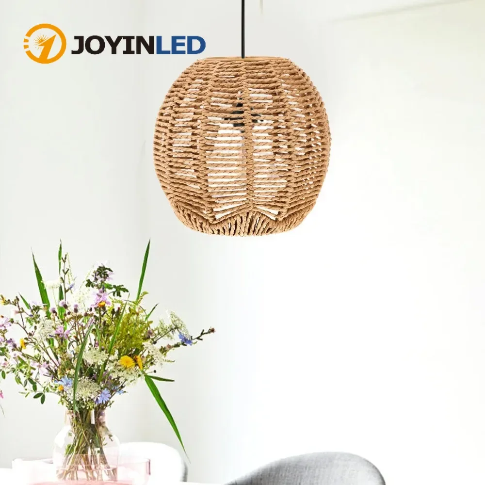 JOYINLED 15cm Paper Rope Hanging Lamp Shade, Boho Natural Woven Cover for E27 Pendant Lights Ceiling Lamp Decor