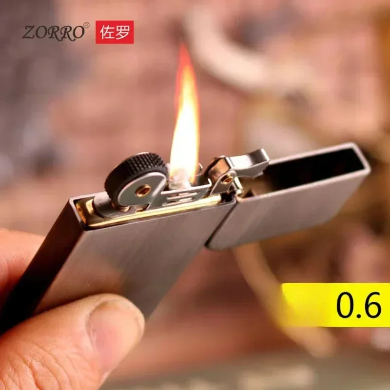 New Original Zorro Thin Pure Copper Kerosene Lighter Flint Wheel Ignition Windproof Cigarette Lighter Smoking Gadget