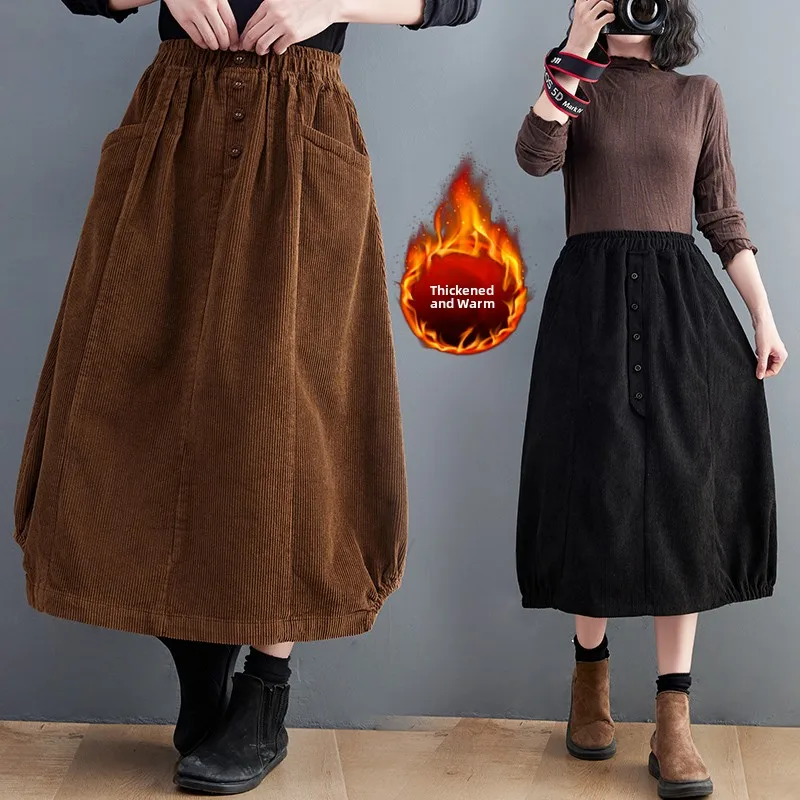 Thickened Corduroy Elastic Waist Midi Skirt Pure Color A-Line Skirt Commute Style Long Skirt with Pockets for plus Size Women
