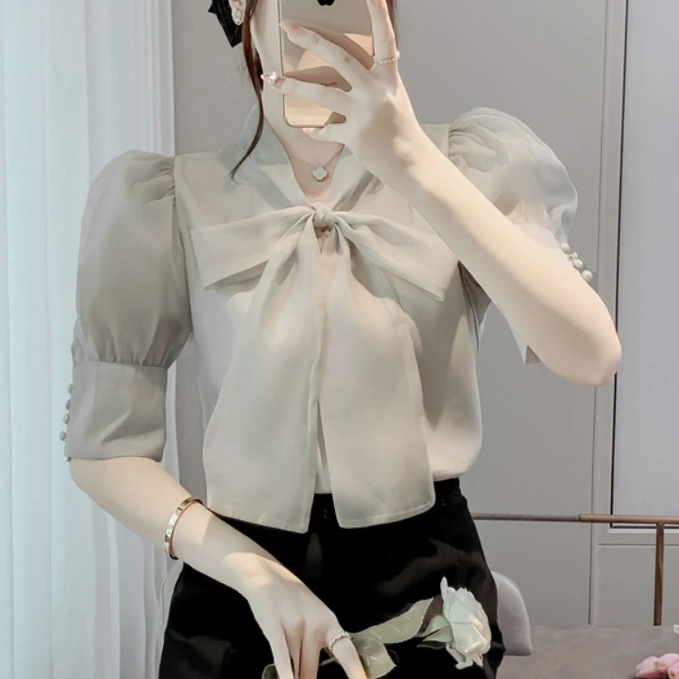 

2024 Women Summer New French Short Sleeve Loose Shirt Tops Female Bow Chiffon Shirts Ladies Solid Color Pullover Blouses L187