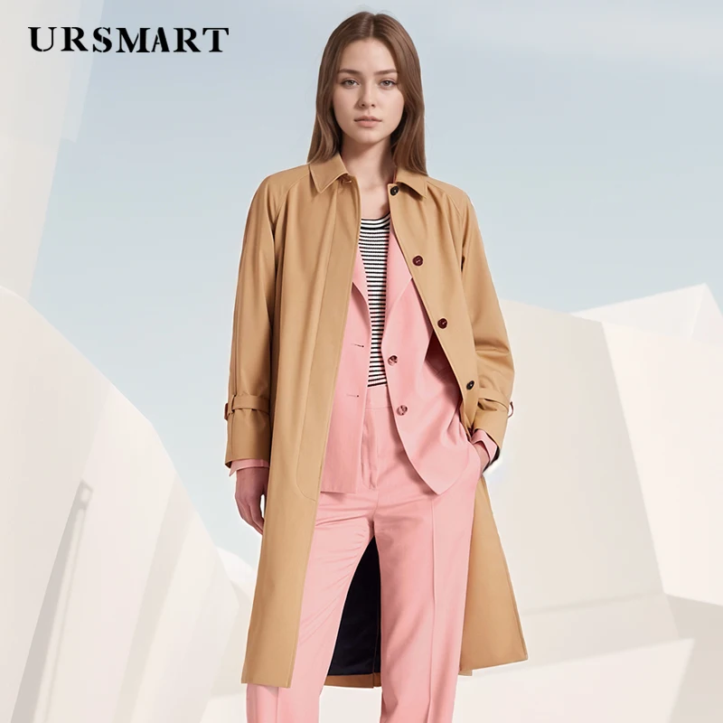 Khaki Casual Women's Trench Coat – Single-Breasted Long Custom Cotton-Polyester Windproof Design