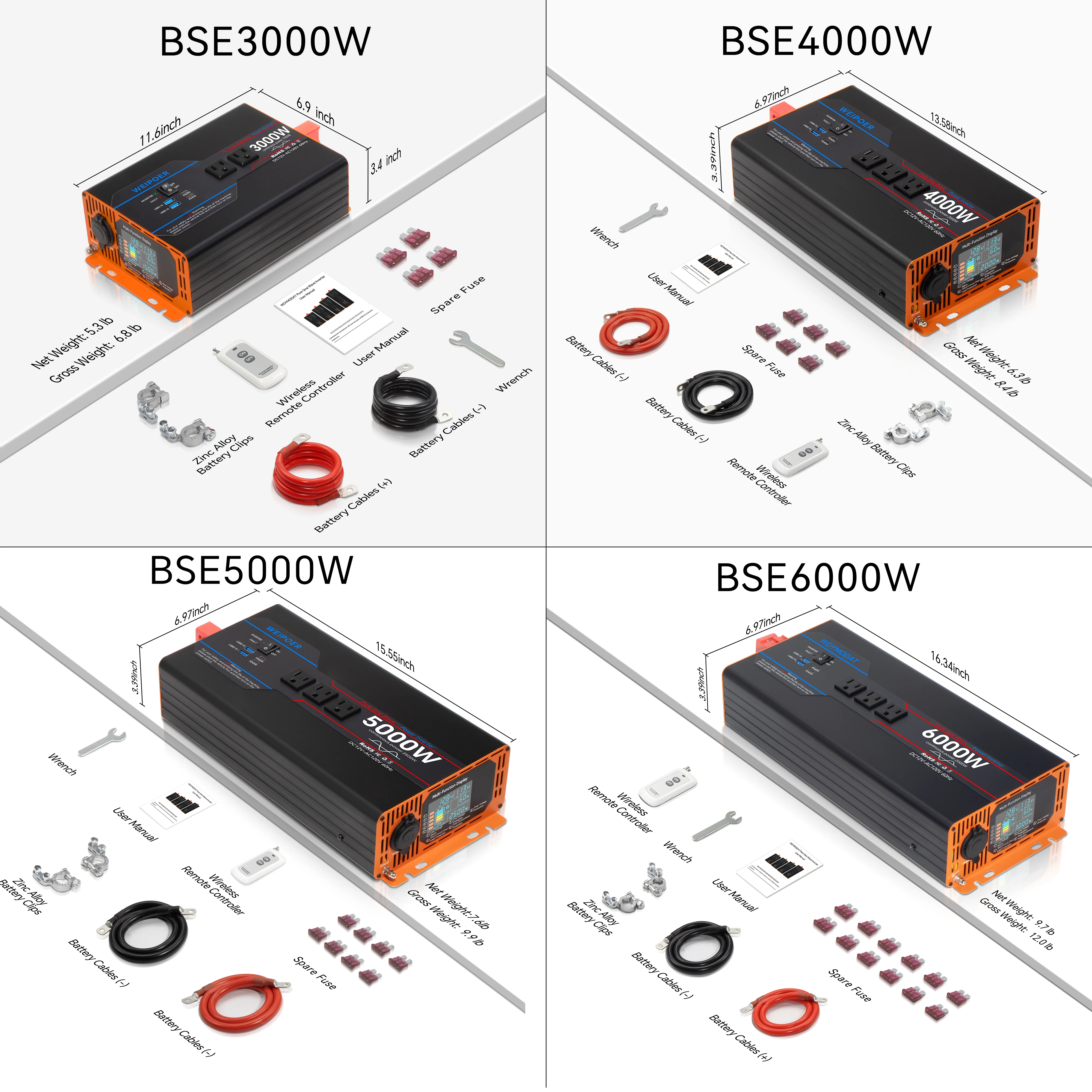 WEIPOER Car Pure Sine Wave Inverter DC 12V/24V إلى AC 120V 6000W لسيارة RV - محول طاقة مع USB، منافذ AC، LCD، جهاز تحكم عن بعد