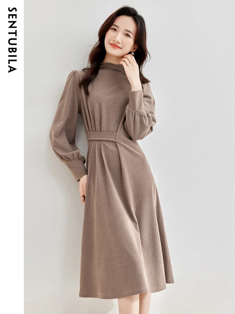 SENTUBILA Elegant Women\'s Knitted Dresses 2024 Autumn Winter Office Ladies Pleated Mock Neck Midi A-Line Female Dress 133L51430