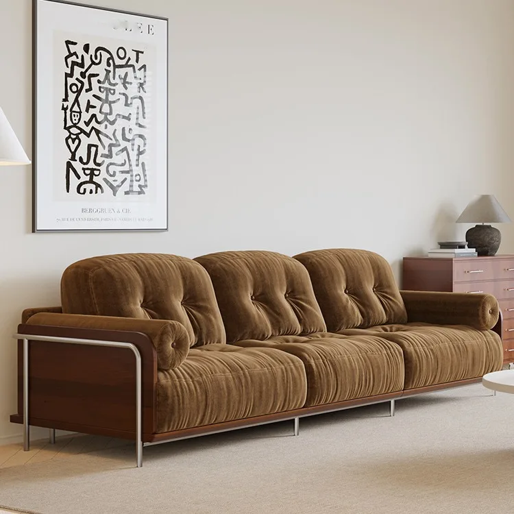 

Retro straight row three-person sofa small apartment living room cream wind sofa