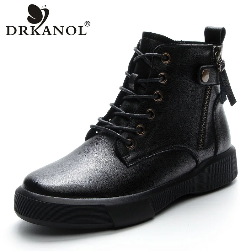 DRKANOL Fashion Women Ankle Boots Winter Round Toe Split Leather Non-Slip Flat Thick Plush Warm Leisure Short Boots Big Size 43