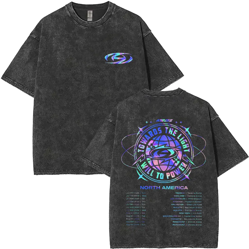 

Korean Kpop ATEEZ Washed Vintage T-shirts 2025 World Tour Towards The Light Will To Power T Shirts Men Oversized Cotton Tshirt