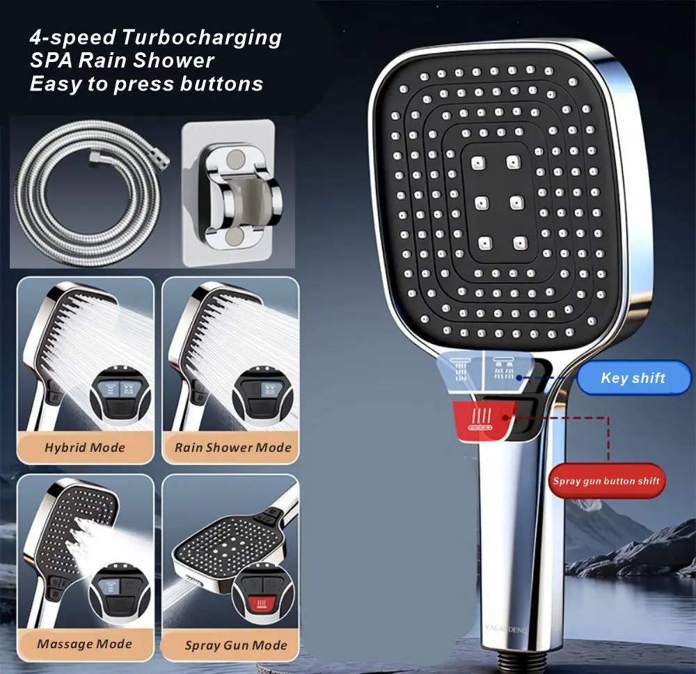 New High Pressure Water Saving Filter Shower Head 4 Modes Handheld Shower Head One Button Stop Bathroom Accessories Set