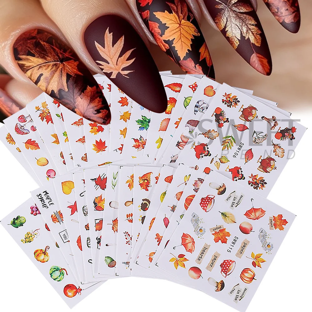 24 szt. Jesienne naklejki na paznokcie z motywem liści klonu, naklejki transferowe, geometryczne liście, grzyby, indyki, dynie, wzory z wiewiórką, dekoracje do manicure