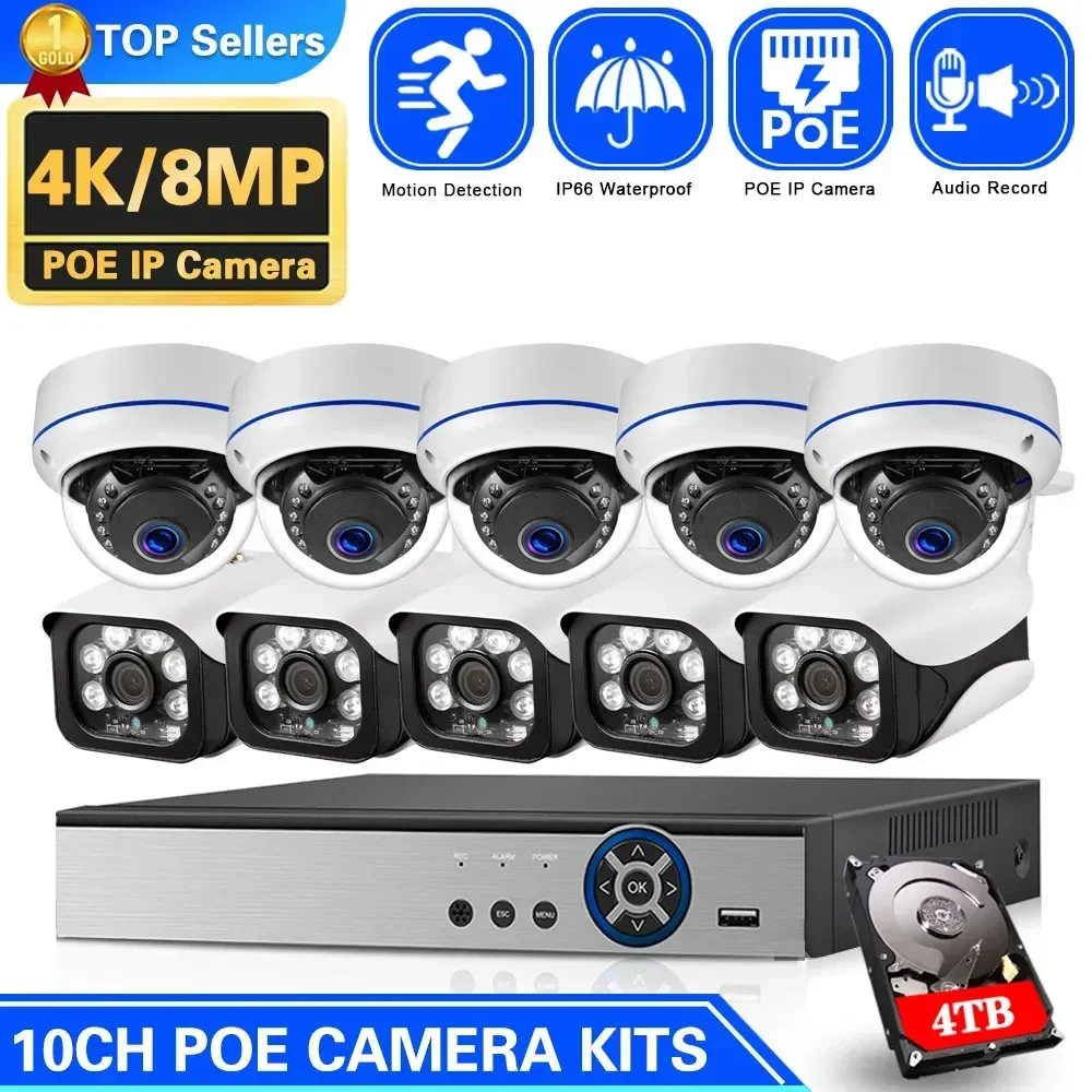 

4K POE CCTV Camera System Set 8CH POE NVR Kit Outdoor Waterproof 8MP 10CH IP Security Camera Video Surveillance System Kit P2P