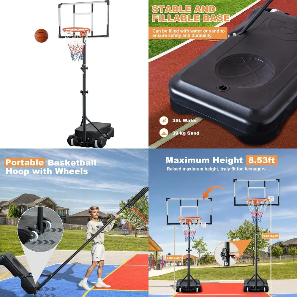 

Регулируемая система баскетбольного кольца для улицы: 33 портативных ворот с увеличенным основанием и планкой ПК, подходит для высоты 4,82-8,53 фута