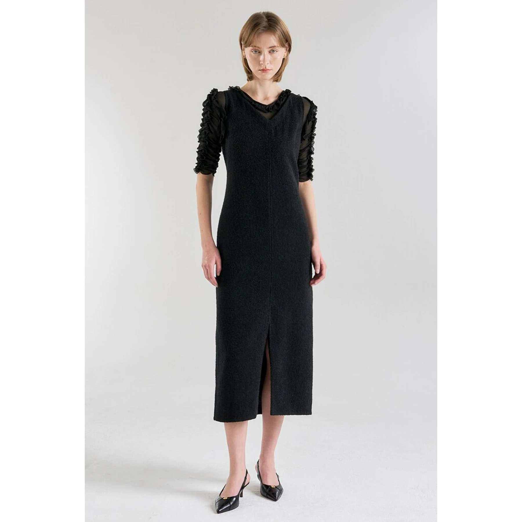 

Elegant Lemon Cheese LAN26 Long Dress with Lace Paneling V-Neck Pleated High Waist Commute Style Women's Dress