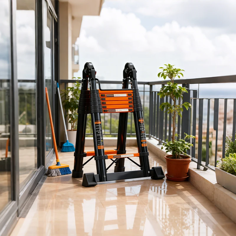 سلم تلسكوبي متعدد الأغراض من الفولاذ الكربوني مع وظيفة قابلة للطي ومنصات قدم مضادة للانزلاق للاستخدام الداخلي والخارجي