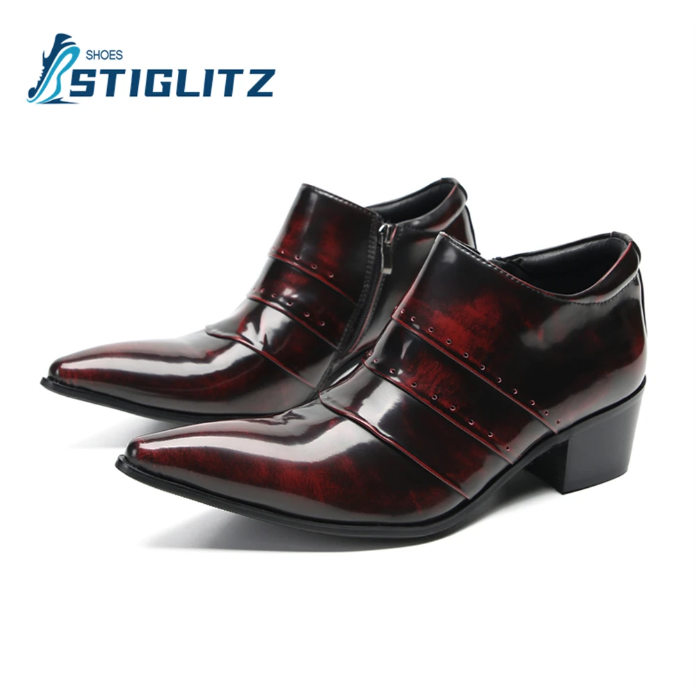 Vintage Patent Leather High Heel Chelseas Mules for Men Point Toe Square Heel Trendy Men\'s Dress Shoes Genuine Leather Loafers