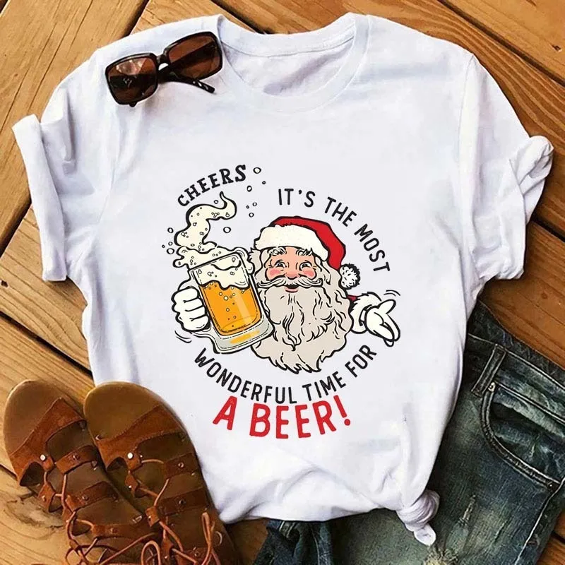 Calcomanías termoadhesivas con estampado de transferencia de calor navideña de 26cm, tiempo para una cerveza, dibujos animados de Papá Noel, accesorios de ropa DIY, pegatinas de vinilo