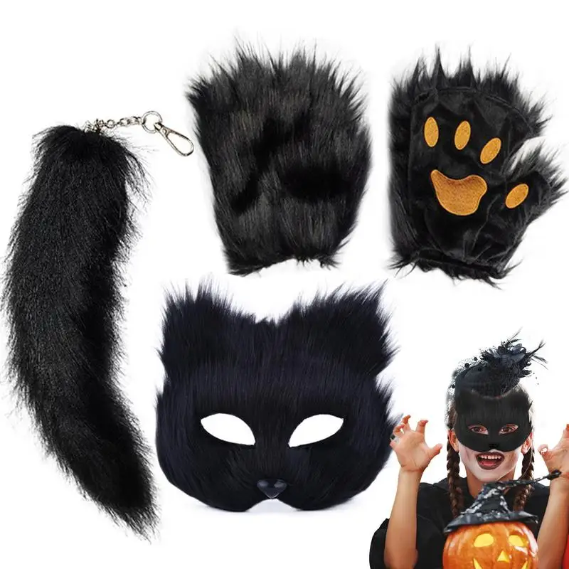 Halloween Cat Mask Tail Cosplay Animal Masque Dress Up Face Cover with Tail and Gloves Halloween Masque Photo Booth Props