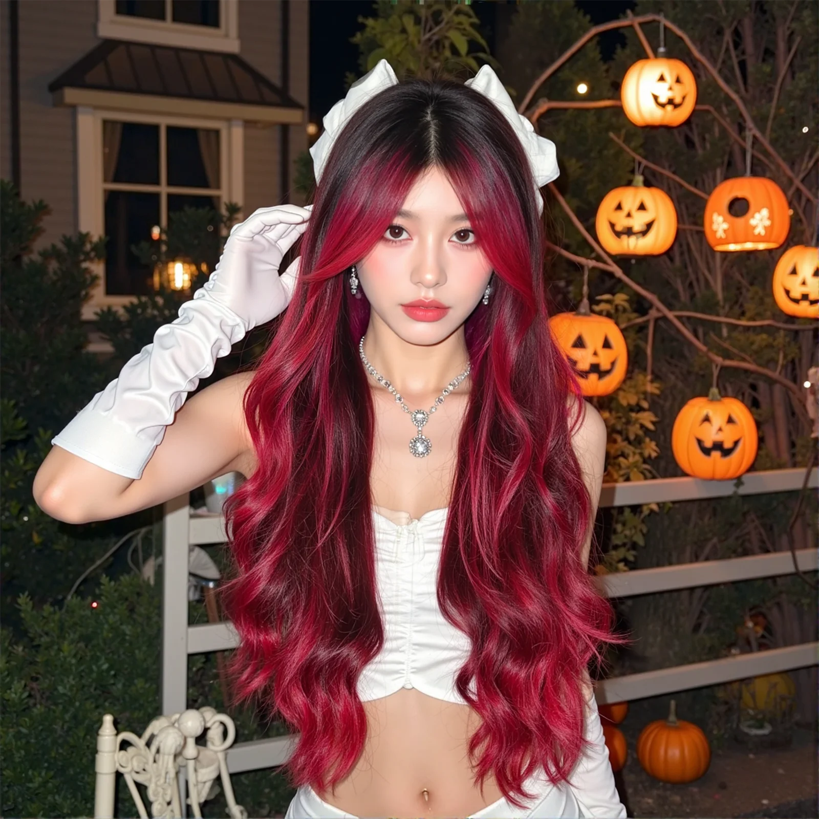 هالوين طويل مجعد التنين الفاكهة الوردي أومبير الاصطناعية شعر مستعار متموج الجزء المتوسط موجة المياه الباروكات للنساء اليومية تأثيري شعر مستعار