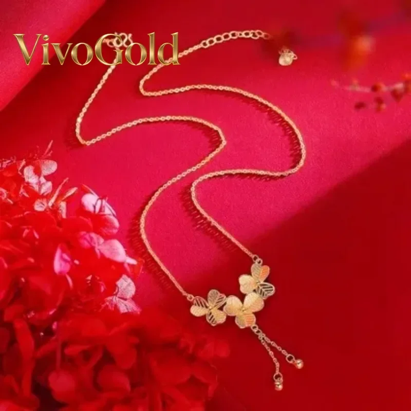 

VivoGoldShining Sand Three Leaf Flower Chain 9999 24K Real Gold Female Retro High-end Bride Wedding Floral Necklace