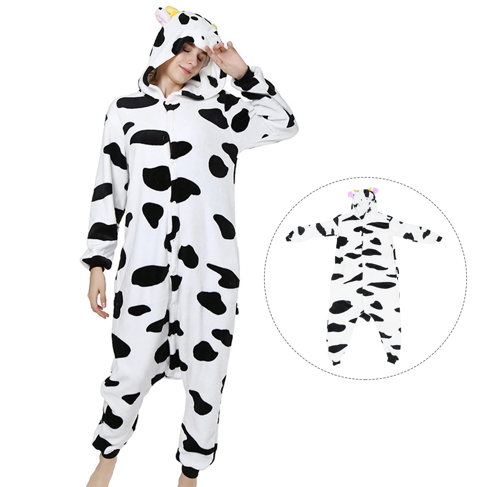 

1Pcs Cow Print Jumpsuit Pajamas Soft Warm Flannel Nightwear for Men Women Winter Sleepwear Cartoon Animal Costume Homewear