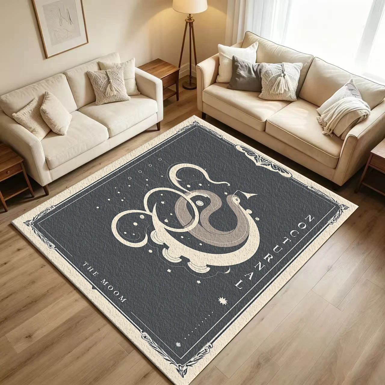Mystic Snake Moon Tarot Art Carpet Flooring, Vintage Occult Star Pattern Non-Slip Area Rug for Bedroom Home Decoration