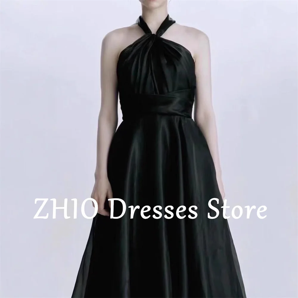 ZHIO Simple Black Evening Dress A-Line Halter Floor-Length Formal Party Occasion Dresses A-line Satin Prom Gown Customized