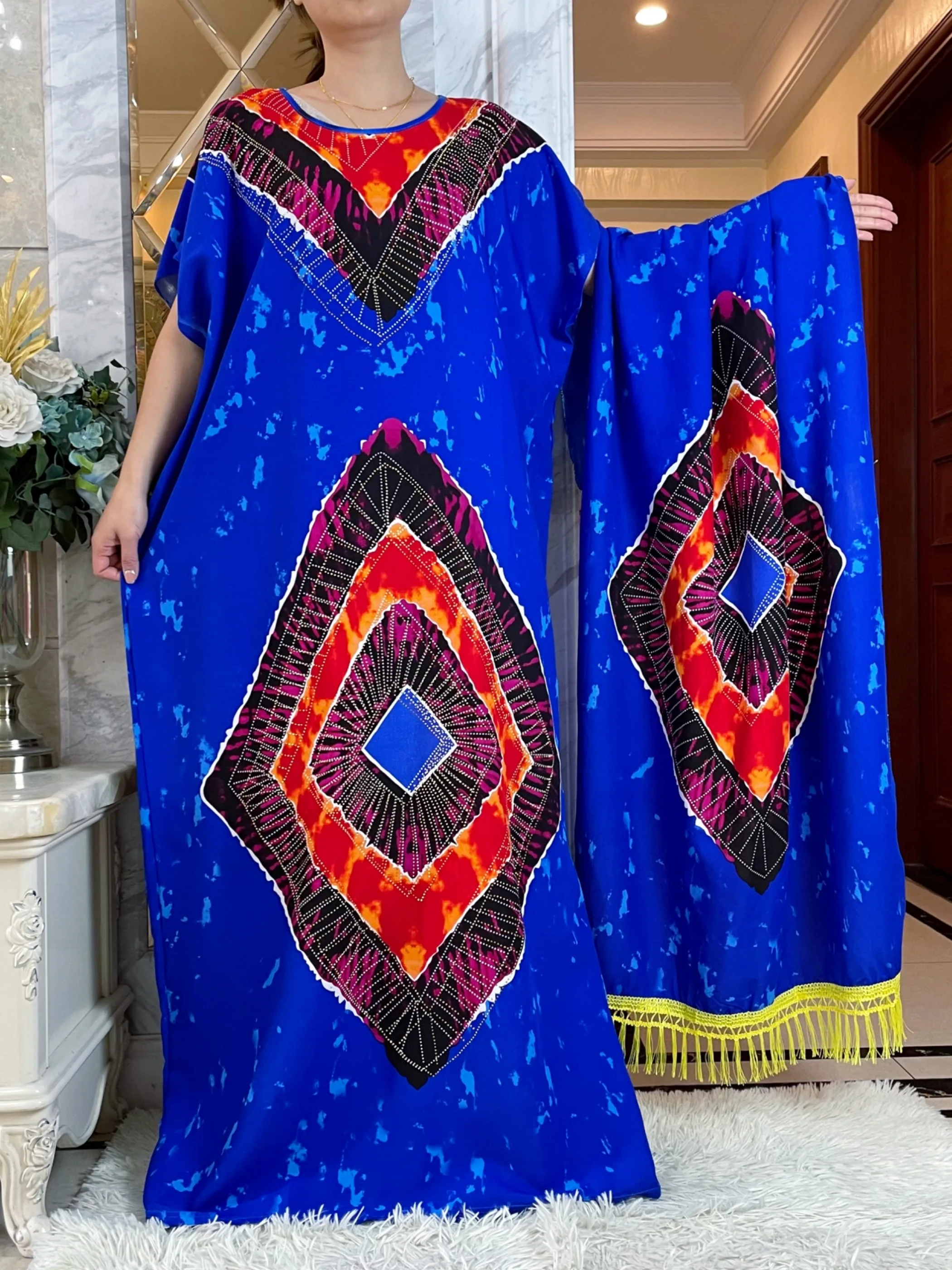 2024Summer Short Sleeve Printing Cotton Dresse With Big Scarf African Dashiki Floral  Loose Caftan Lady  Maxi Casual Vestidos