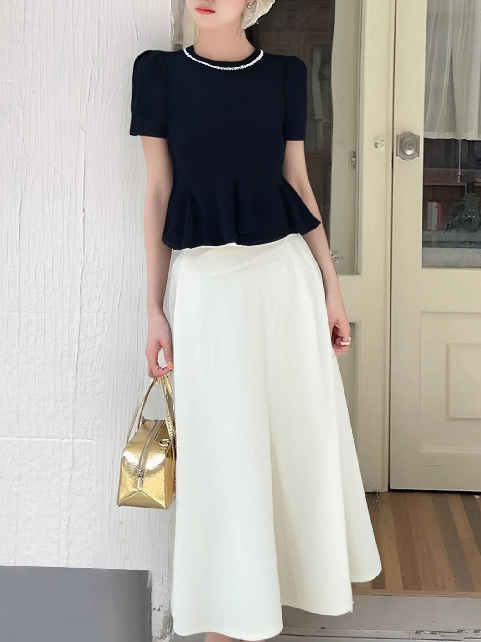 エレファイオンセット 2025春新作 ポリエステル繊維 ロングスリーブ ラウンドネック フレンチスリーブ ツーピーススーツ インナー付き