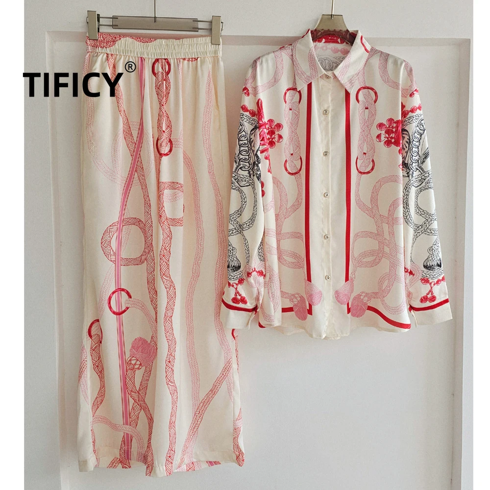 

High Street Two Piece Set Women's Knot Printed Long Sleeved Shirt +elastic Waist Pants Wide Leg 2pc Set