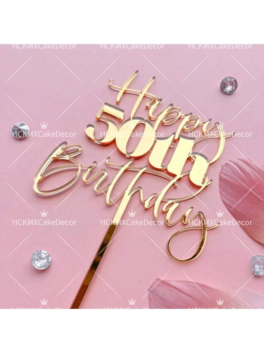 3-teiliger Happy 50th Birthday Tortenaufsatz, Gold Spiegel, 50. Geburtstagsparty-Dekorationen für 50-jährige Geburtstage und Jubiläen – Detail 1