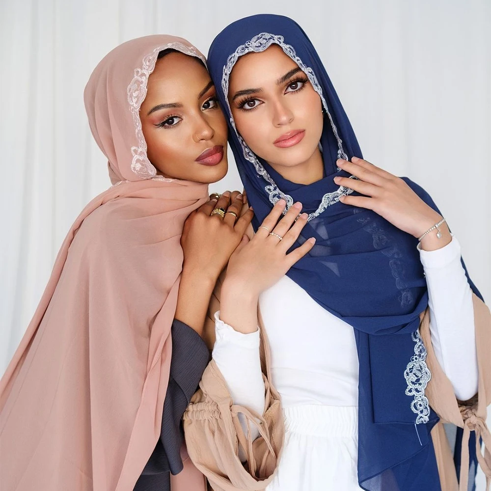 Hot selling Muslim Hijab Good Quality Softness Bawal Chiffon Tundung Hijab with Lace