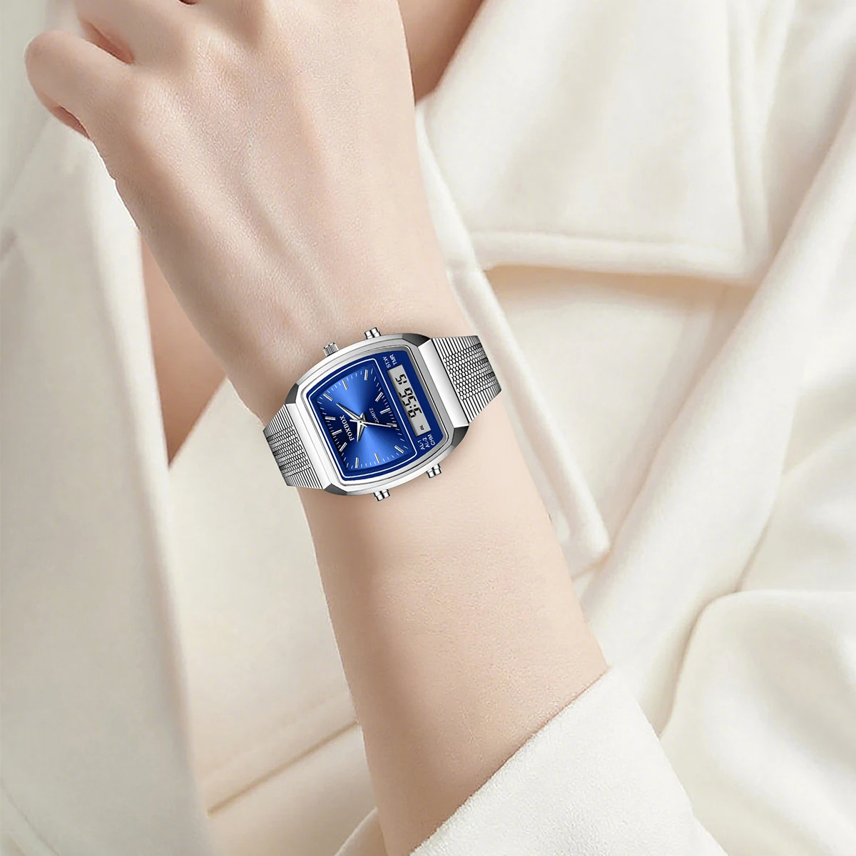 LIGE New Dual Display Watch Women Fashion Elegant Ladies Quartz Watches Square Ultra Thin Mesh Analog Digital Watch For Women