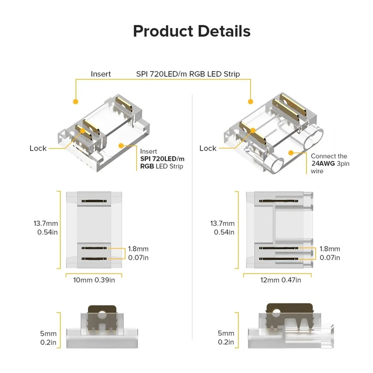 Analyste de connecteurs à couvercle transparent pour bande LED COB RGBIC, connecteurs sans espace avec fil, 3 broches, 12mm, 24 pièces