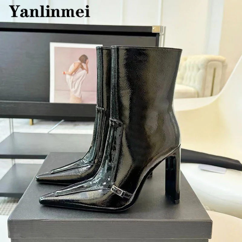 Sexy High Heels Short Boots Women Pointed Toe ZIP Runway Shoes Genuine Leather Modern Boots Black Ankle Boots Woman Botas Mujer