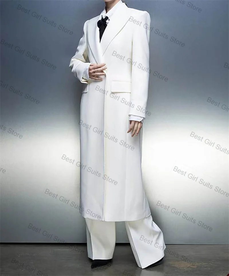 Witte vrouwen pak set 2-delige lange blazer broek herfst herfst dubbele rij knopen formeel kantoor dame jas aangepaste bruiloft broek