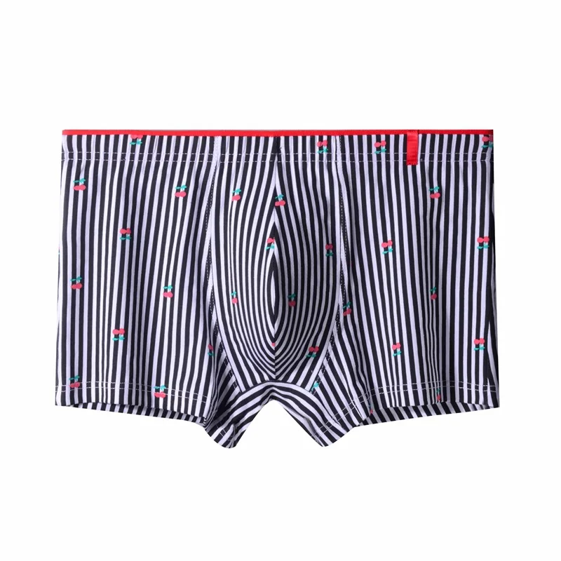 Youth Fashion Trunk for Men Loose Fitting Mid Waist Breathable Comfortable Boxer Shorts Teenagers Striped Cherry Printed Panties