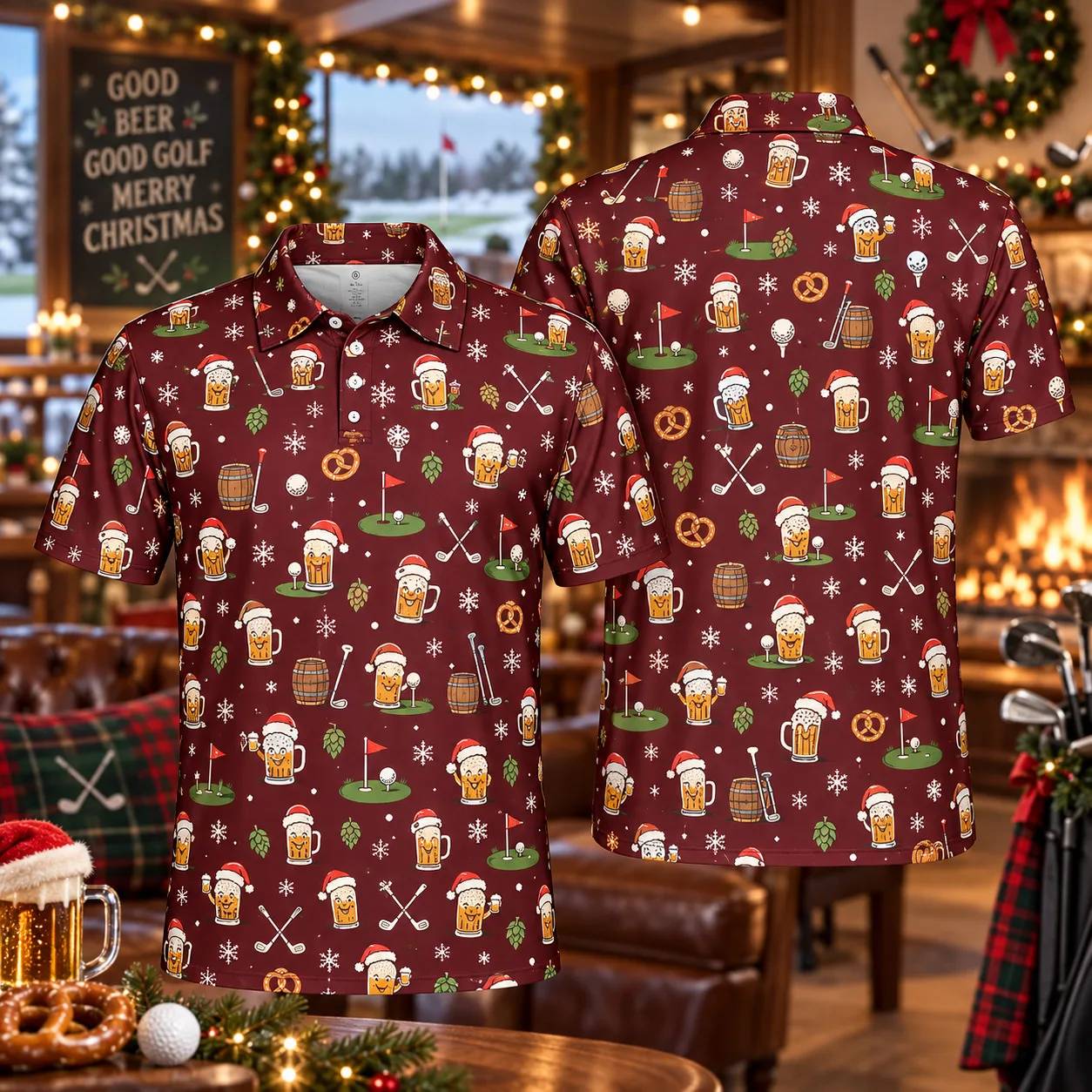 Men's Christmas Golf Polo Shirt Beer Pint 3D All Over Print Short Sleeve Funny Holiday Party Top