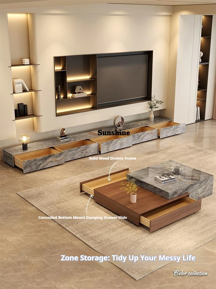 Glossy Grey Stone TV Platform, Italian Minimalist Media Console, EO Eco-Friendly&Large Storage, Durable&Easy Clean, Customizable