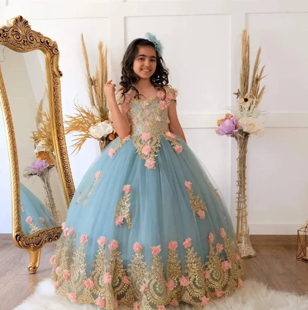 Vestido de princesa de lujo para niñas con flores, tul azul, Apliques de encaje dorado, vestido con hombros descubiertos para boda, cumpleaños, vestidos de primera comunión