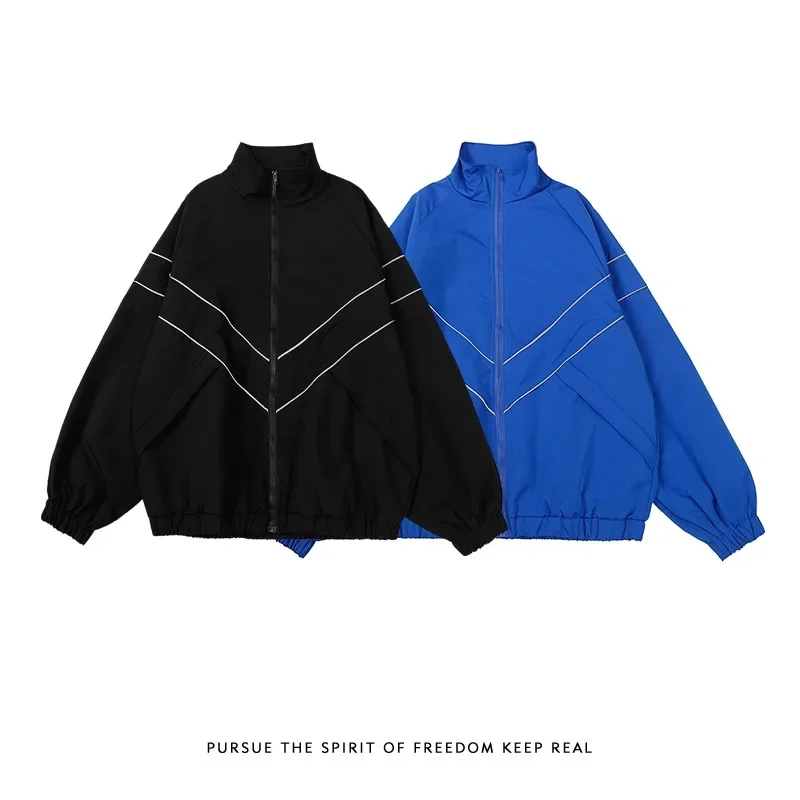 Men\'s Spring and Autumn New Retro Simple Stand-up Collar Zipper Charge Jacket, Solid Color Loose Casual Sport Zipper Jacket Top