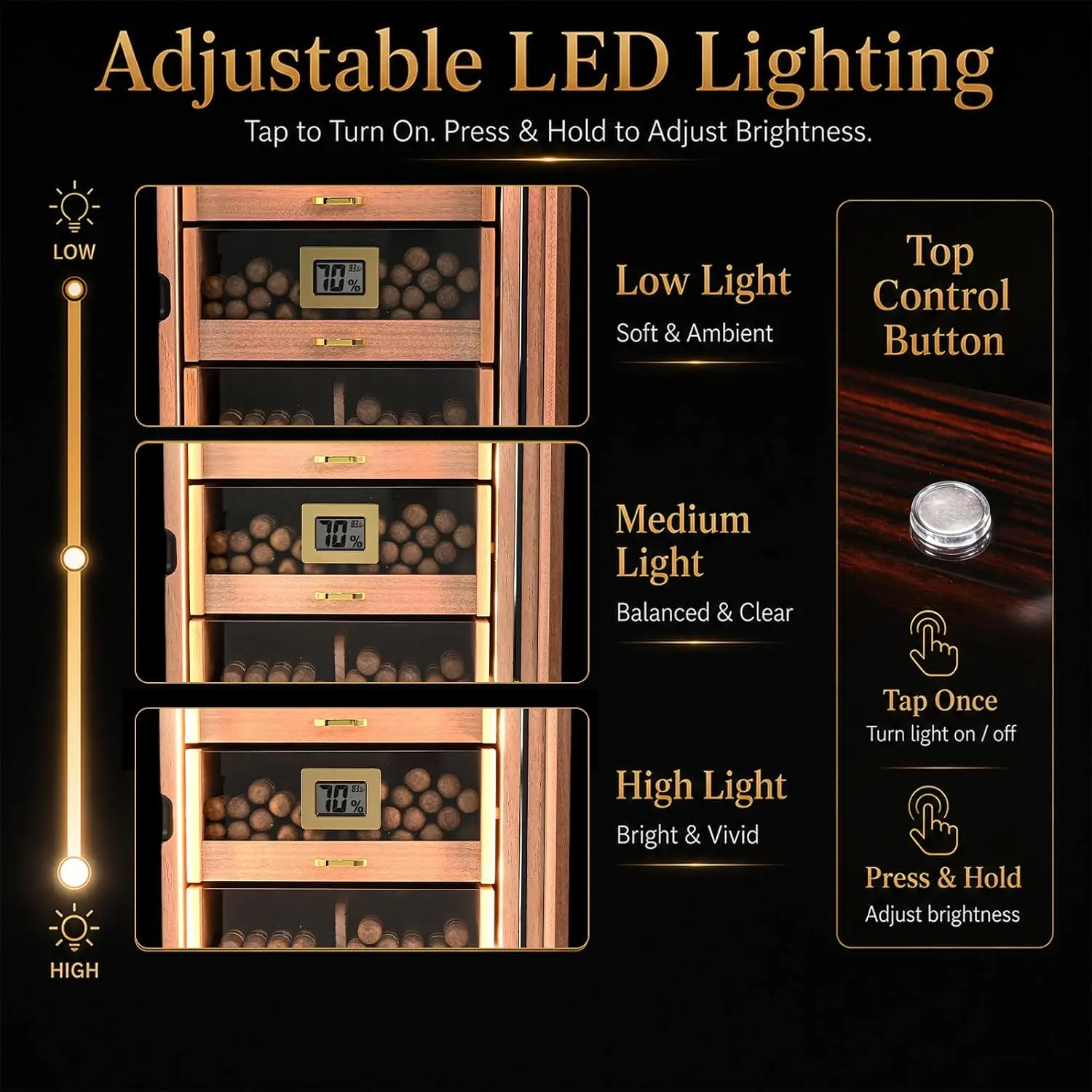 Cigar Humidor, Spanish Cedar Cigar Humidor Cabinet with LED Light, Magnetic Door, Accurate Digital Hygrometer, Dividers