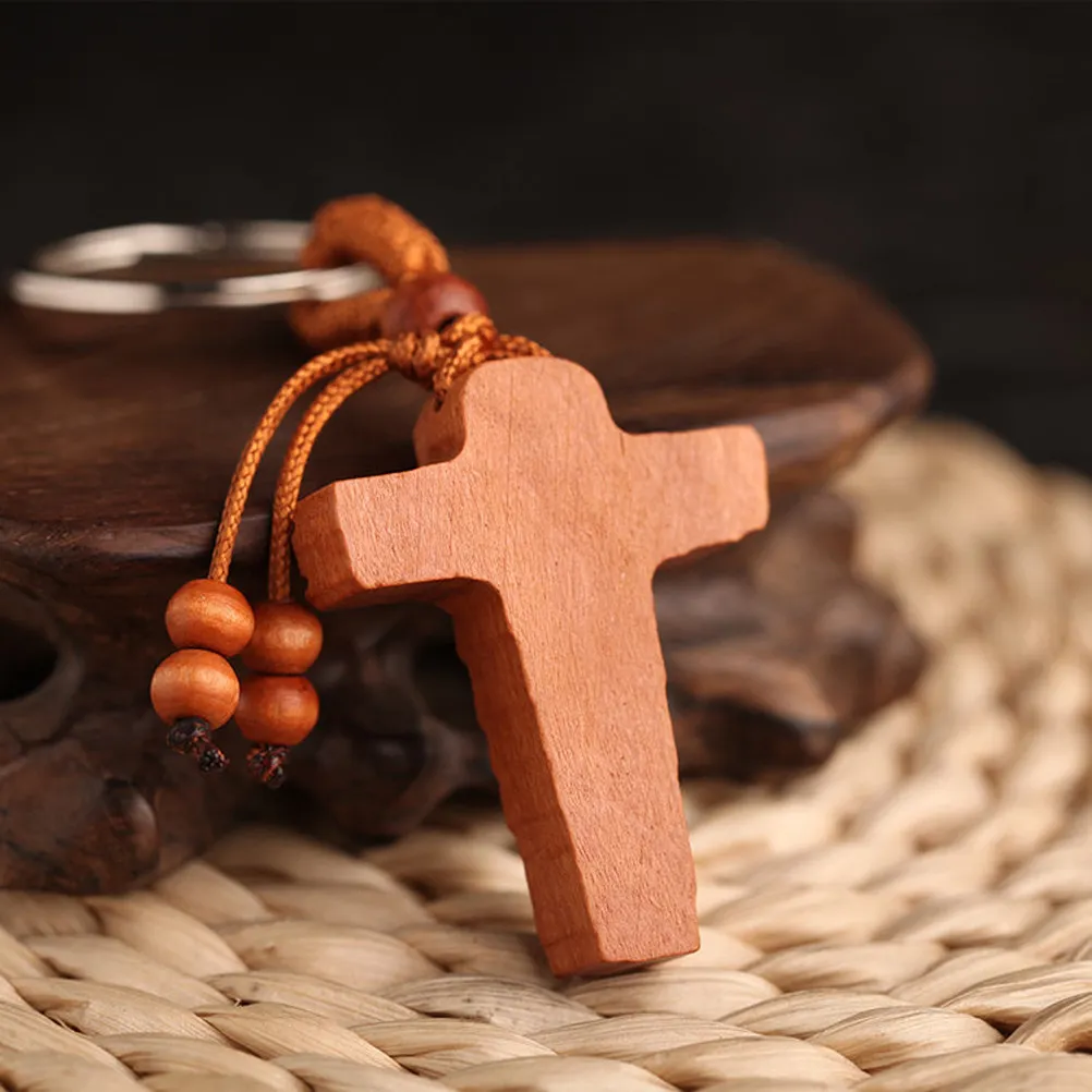 Peach Wood Cross Keychain 20Pcs Handmade Key Rings for Car Keys Bags Backpacks Christmas Gifts